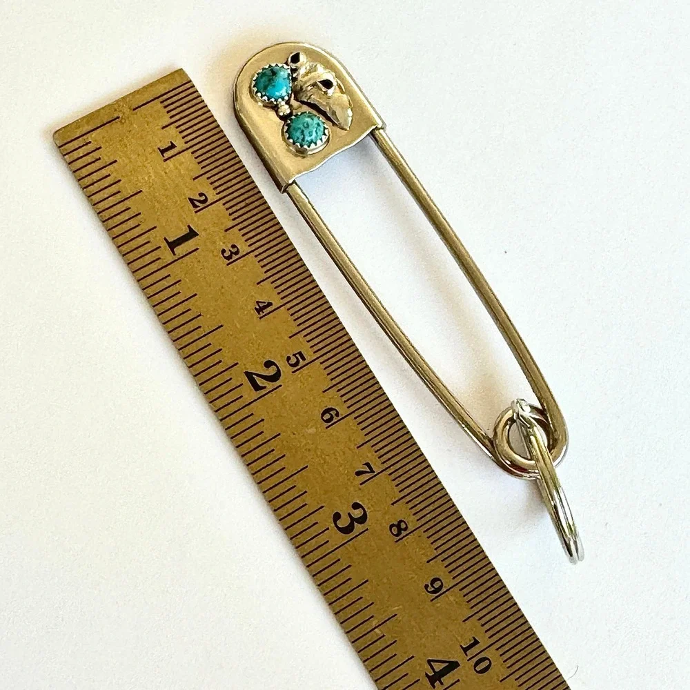 Navajo Safety Pin Keyring Turquoise Leaf Key Chain Tag 4in Mens Gift Big Native